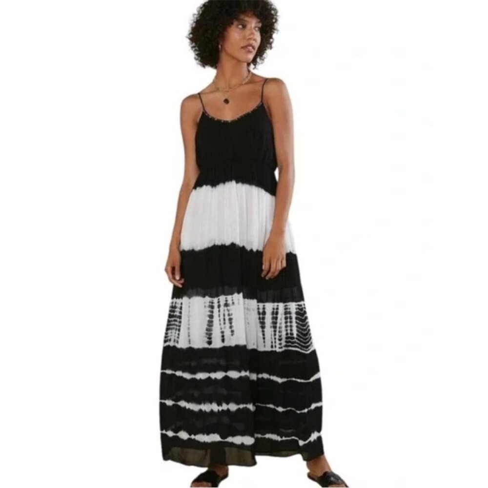 Anthropologie Black White Tie Dye‎ Maxi Dress XS Beaded Neckline Boho Beach